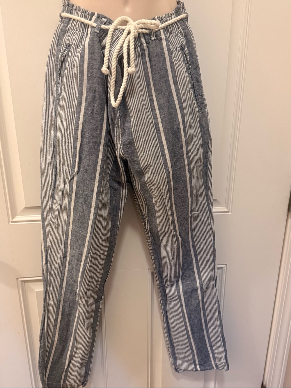 Sigrid Olsen Striped Drawstring Pants- S, Blue Grey Stripe